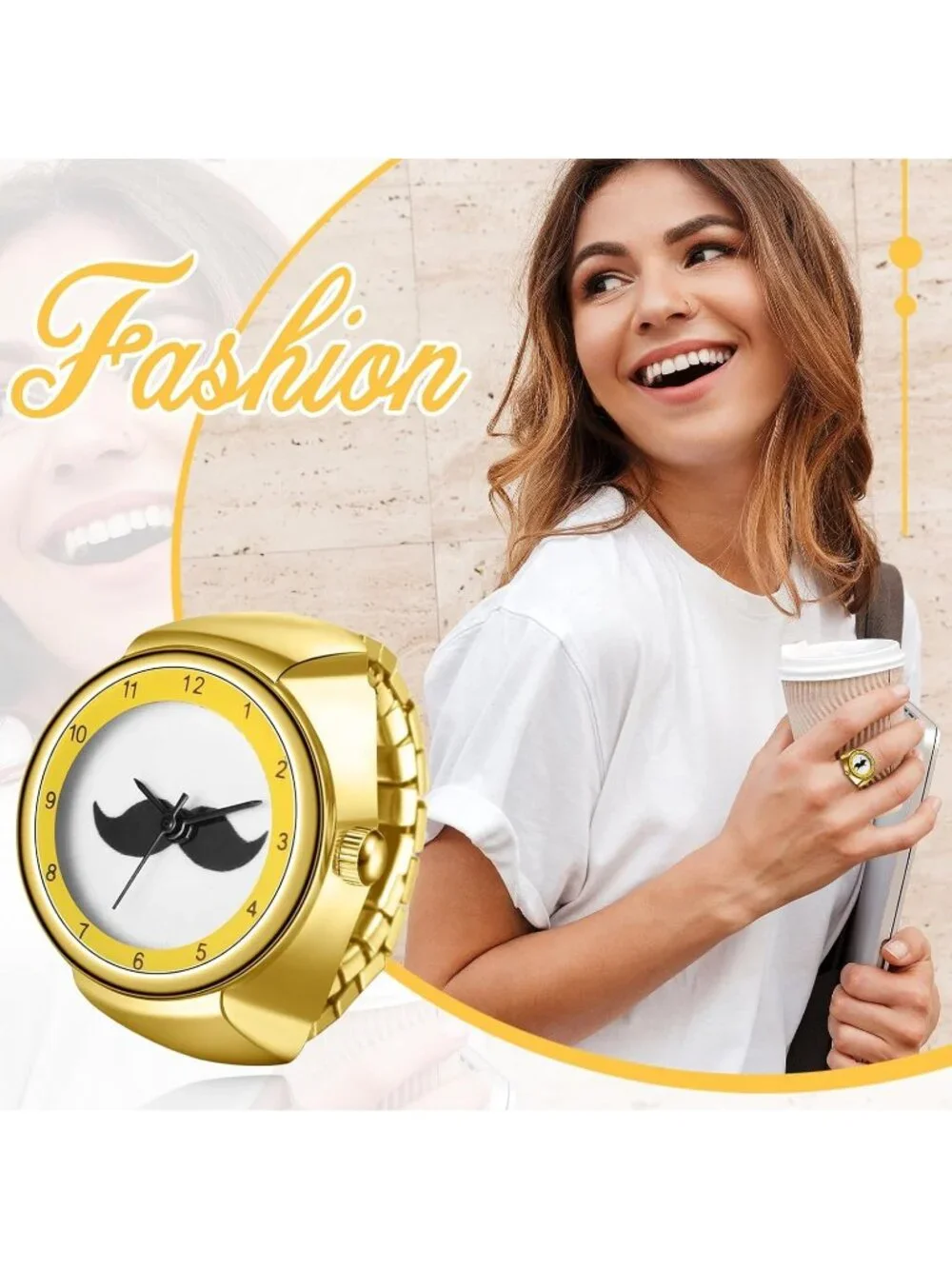 Unisex All Gold Analog Quartz Stainless Steel Arabic Numerals Casual Ring Watch - Picture 6 of 7